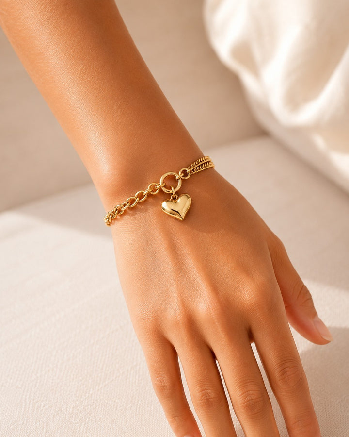 Gold Plated Waterproof Paperclip Chain Heart Charm Bracelet (10996)
