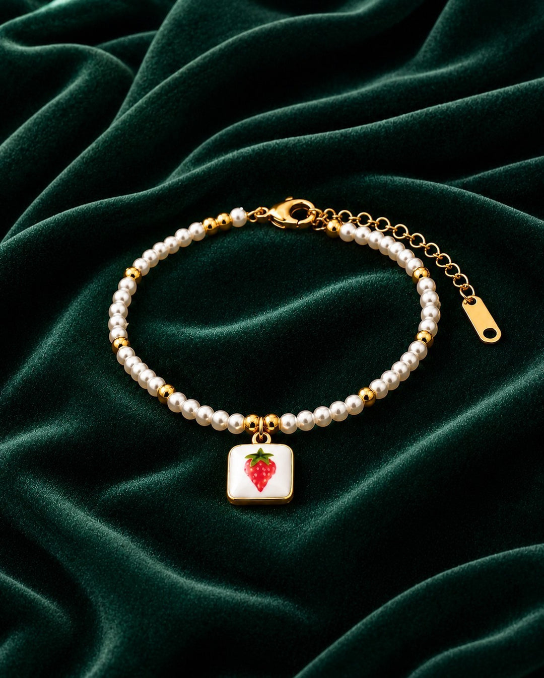 Gold Plated Waterproof Strawberry Pearl Charm Bracelet (11445)