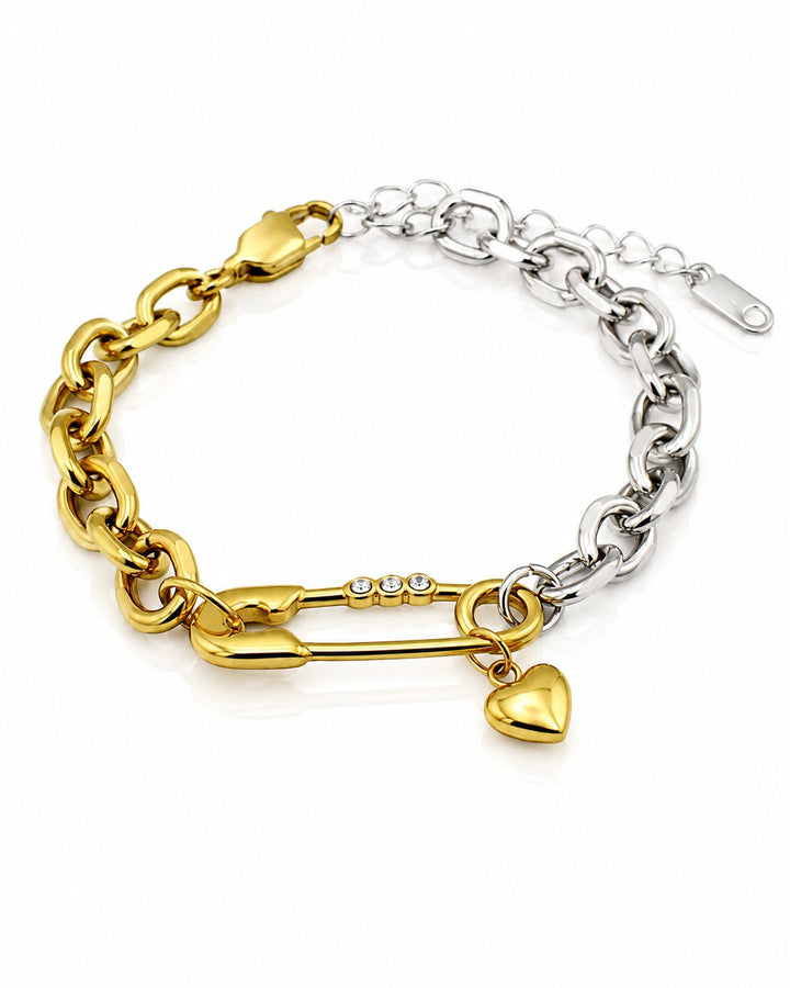 Gold Plated Two-Tone Safety Pin Chain Bracelet (11466)