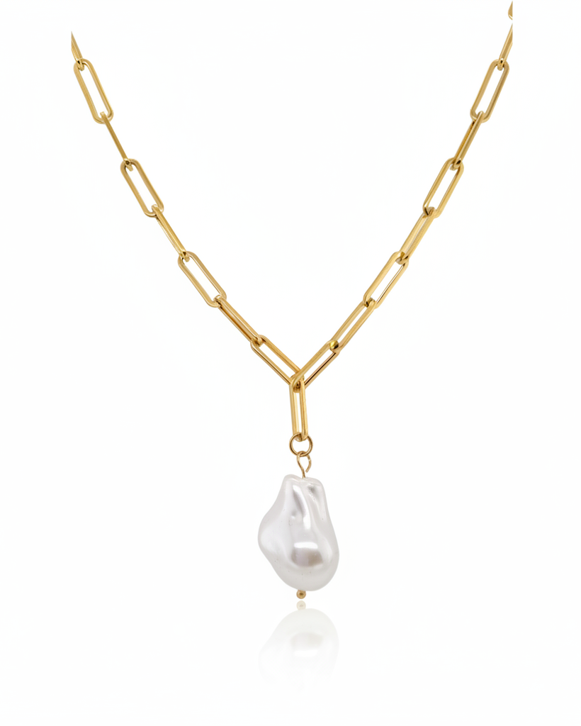 Gold plated waterproof paperclip chain necklace with faux pearl pendant by Elli Jewellery