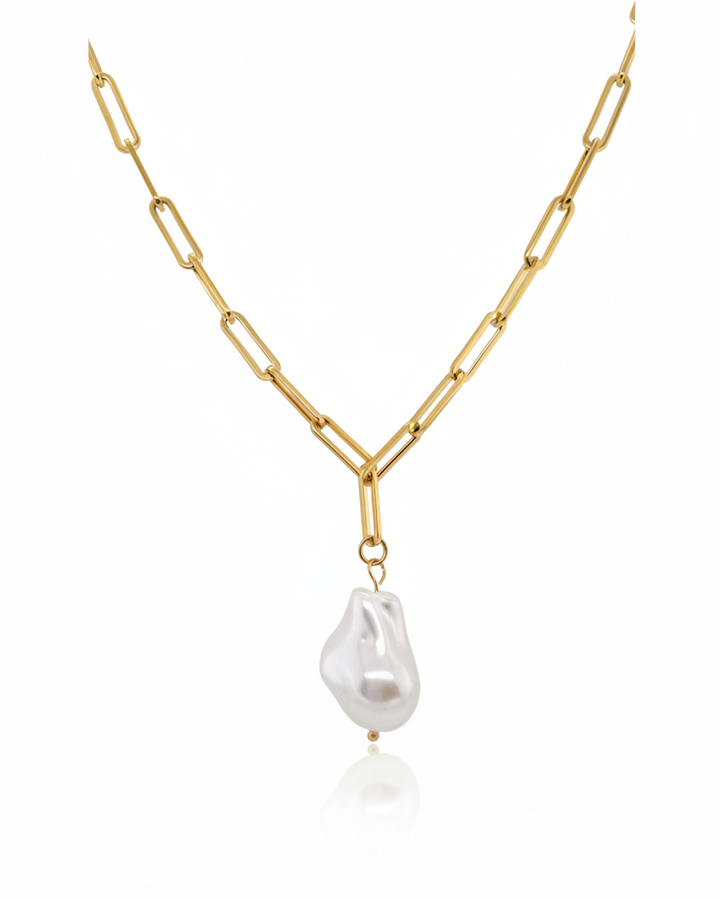 Gold plated waterproof paperclip chain necklace with faux pearl pendant by Elli Jewellery