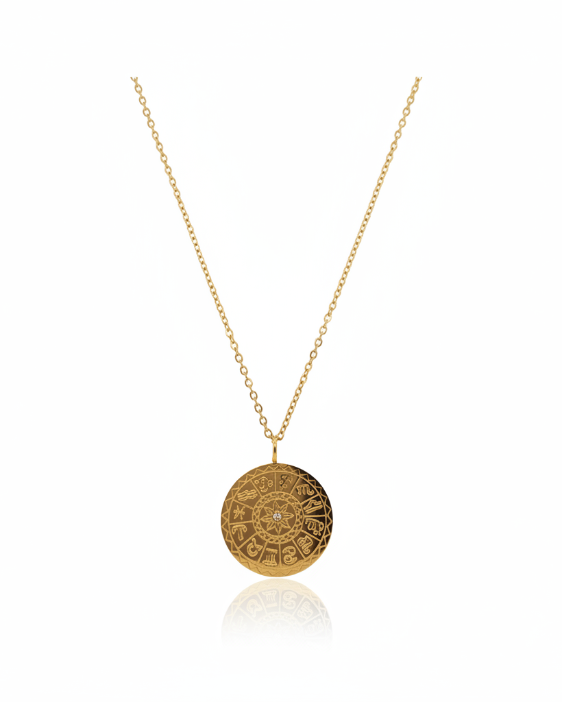 Gold plated waterproof sundial coin pendant necklace on delicate chain by Elli Jewellery