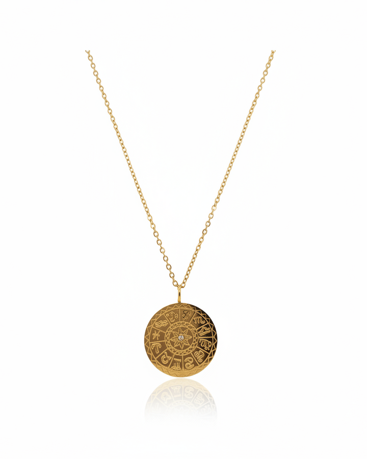 Gold plated waterproof sundial coin pendant necklace on delicate chain by Elli Jewellery