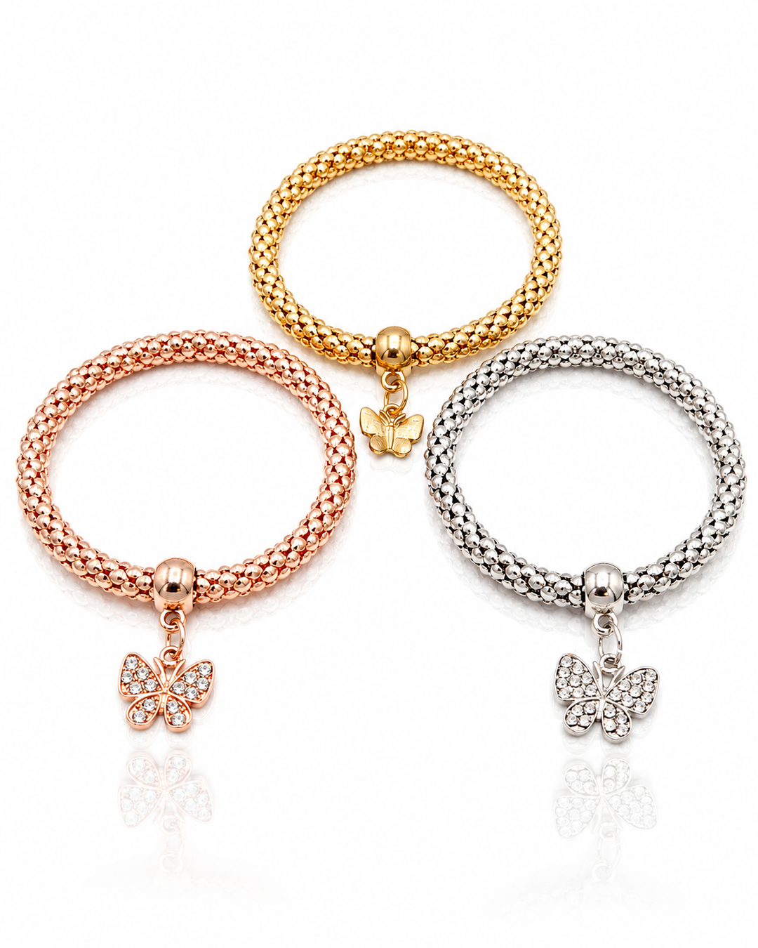 Gold Plated Waterproof Diamante Butterfly Snake Chain Bracelet 3-Pack Set (100416)