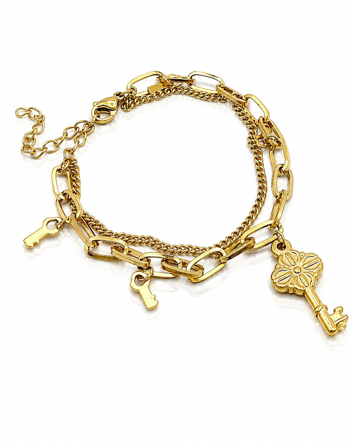 Gold Plated Waterproof Vintage Key Layered Chain Bracelet (10287)