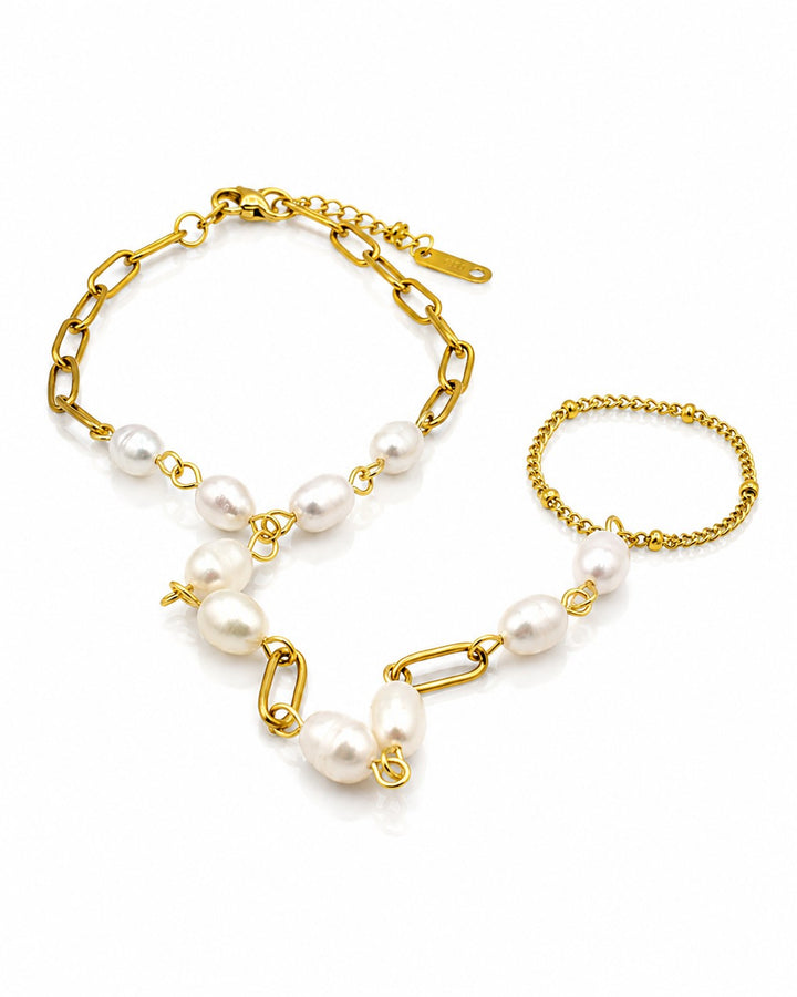 Gold Plated Waterproof Pearl Embellished Hand Chain Bracelet (11461)
