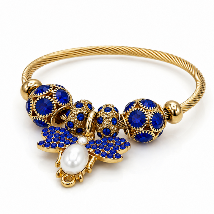 Gold Plated Blue Butterfly Charm Adjustable Bangle (11844)