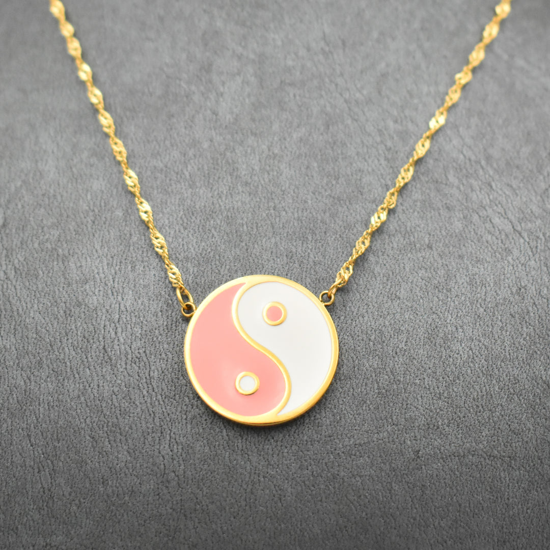 Gold Plated Pink and White Yin and Yang Necklace