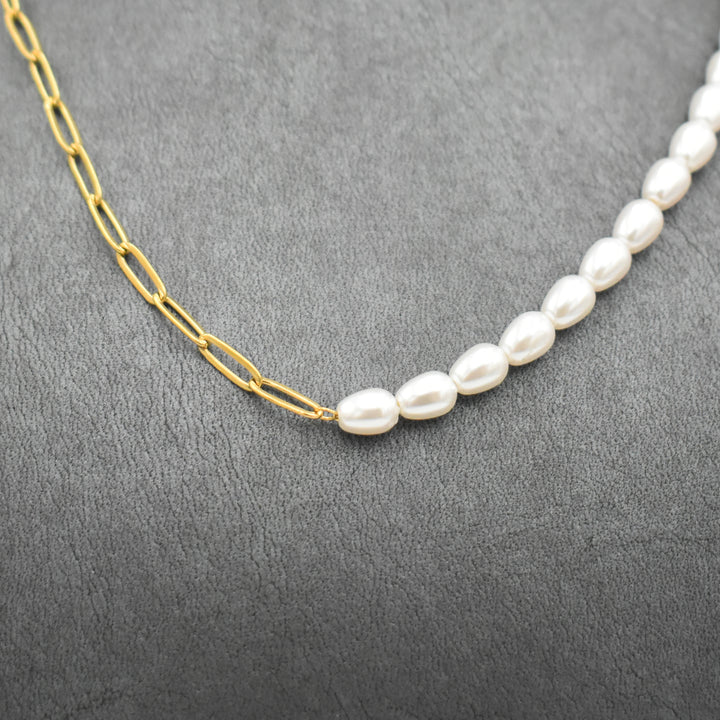 Gold Plated Pearl with Paperclip Necklace