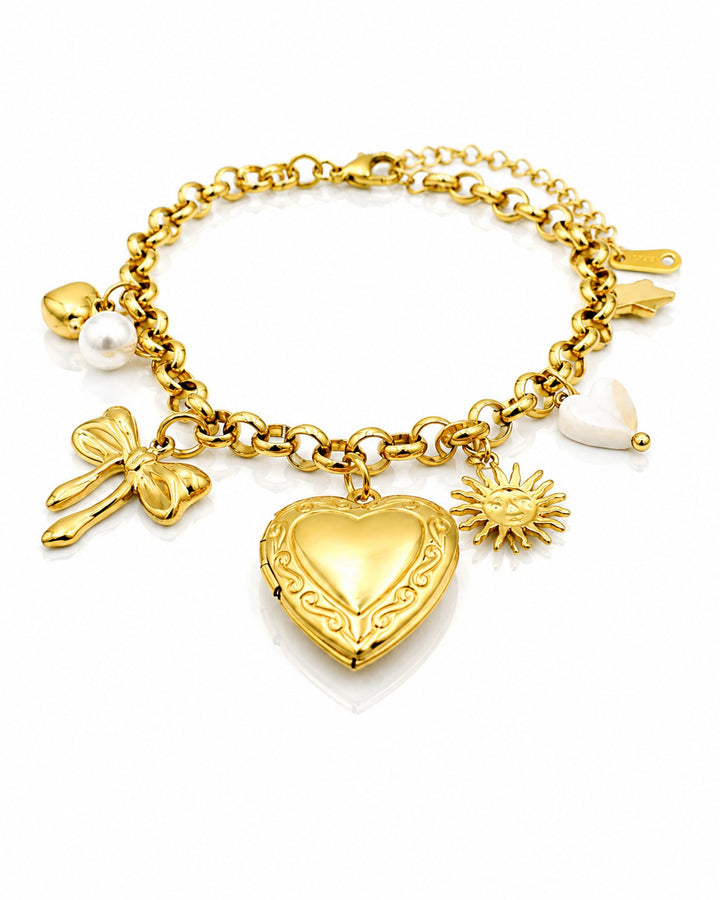 Gold Plated Waterproof Heart and Bow Charm Chain Bracelet (11453)