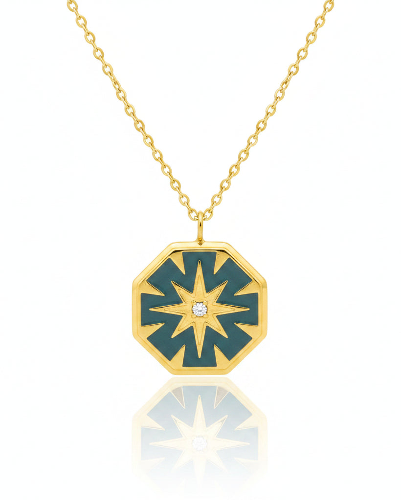 Gold plated waterproof hexagon pendant necklace with mint green enamel inlay by Elli Jewellery