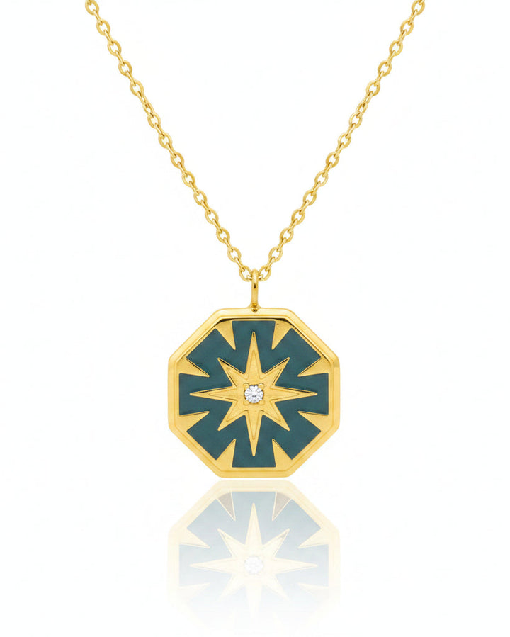 Gold plated waterproof hexagon pendant necklace with mint green enamel inlay by Elli Jewellery