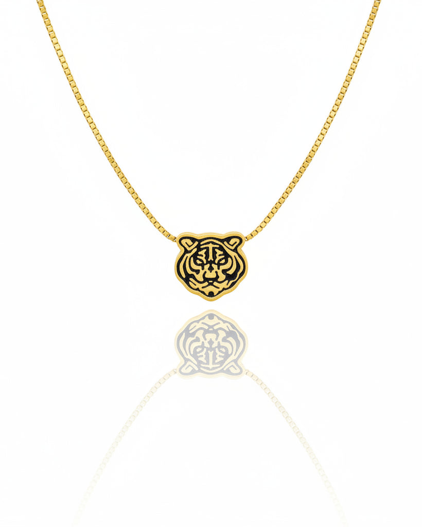 Gold plated tiger stripe pattern pendant on chunky rope chain necklace by Elli Jewellery