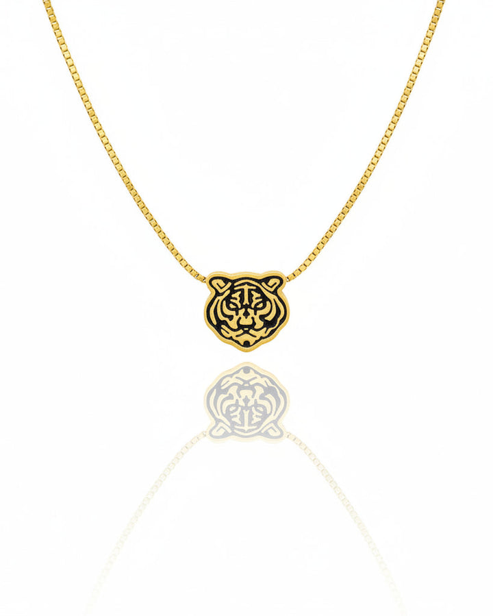 Gold plated tiger stripe pattern pendant on chunky rope chain necklace by Elli Jewellery