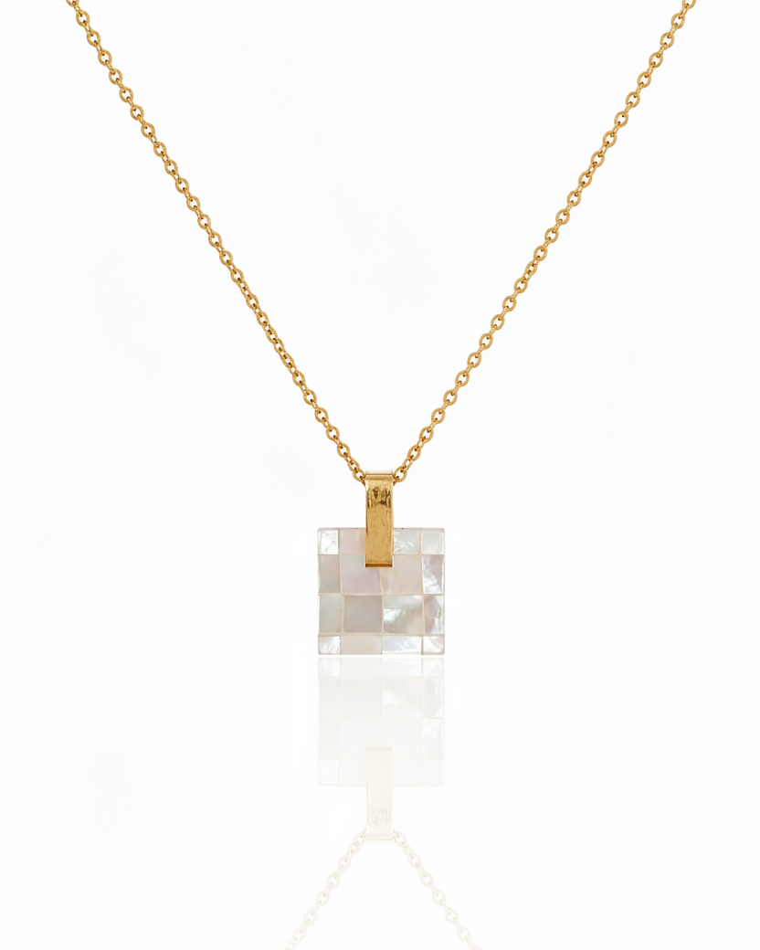 Gold plated waterproof mosaic mother-of-pearl shell pendant necklace with delicate cable chain by Elli Jewellery
