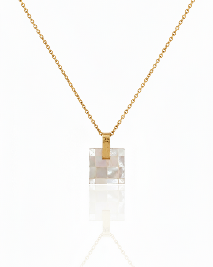 Gold plated waterproof mosaic mother-of-pearl shell pendant necklace with delicate cable chain by Elli Jewellery