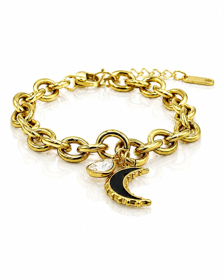Gold Plated Black Crescent Moon Charm Bracelet (11465)