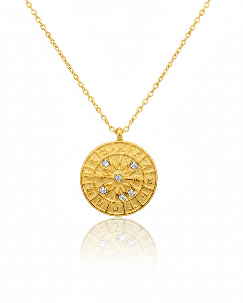 Gold plated waterproof compass pointer coin pendant necklace on link chain by Elli Jewellery