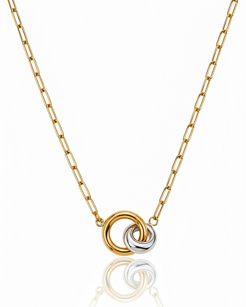 Gold plated two-tone geometric link chain pendant necklace with contrasting silver links by Elli Jewellery