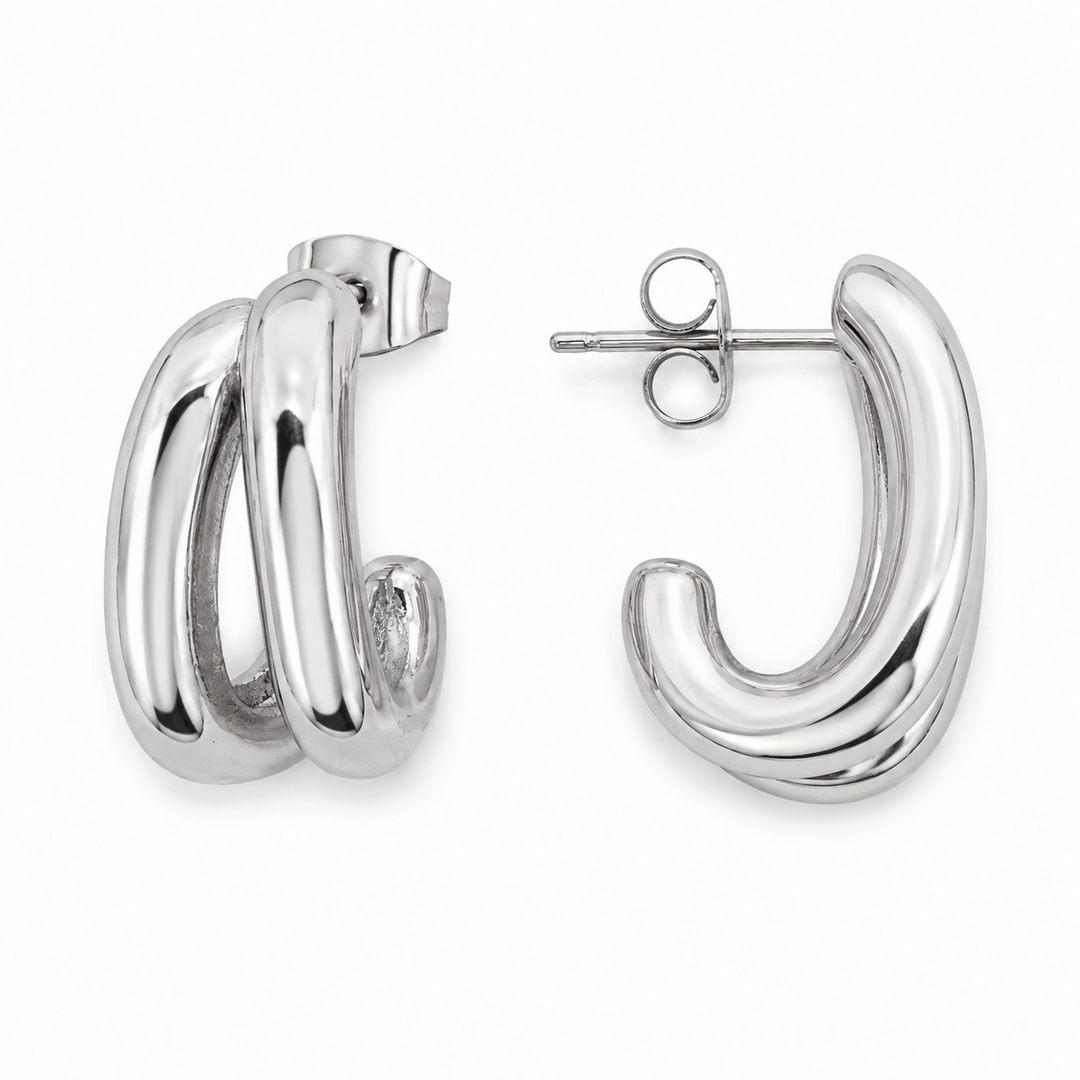 Rhodium Plated C Shaped Hollow Earrings