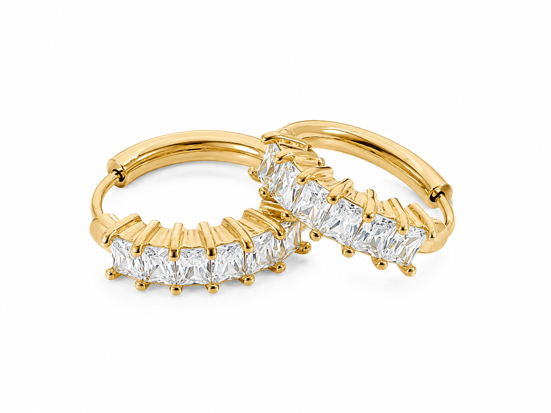 Gold Toned Emerald Cut Diamate Huggie Earrings