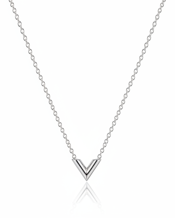 Rhodium plated waterproof V-shaped minimalist pendant necklace with silver-toned finish by Elli Jewellery