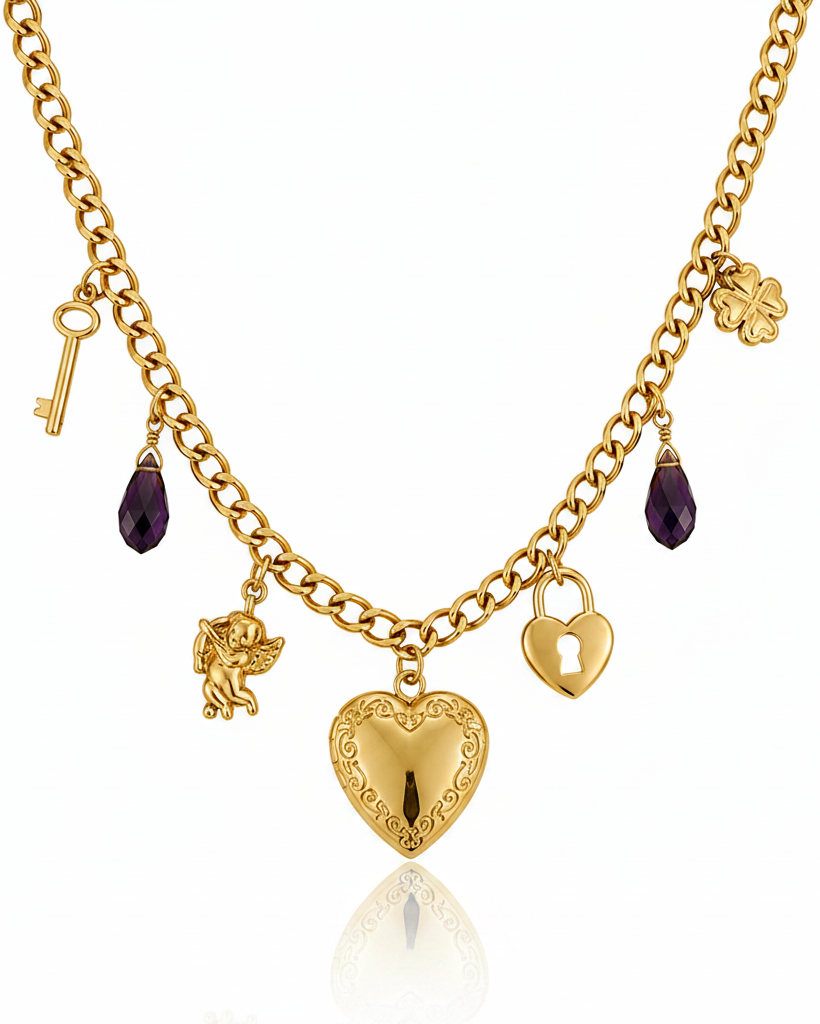 Gold plated waterproof purple crystal heart locket pendant necklace by Elli Jewellery