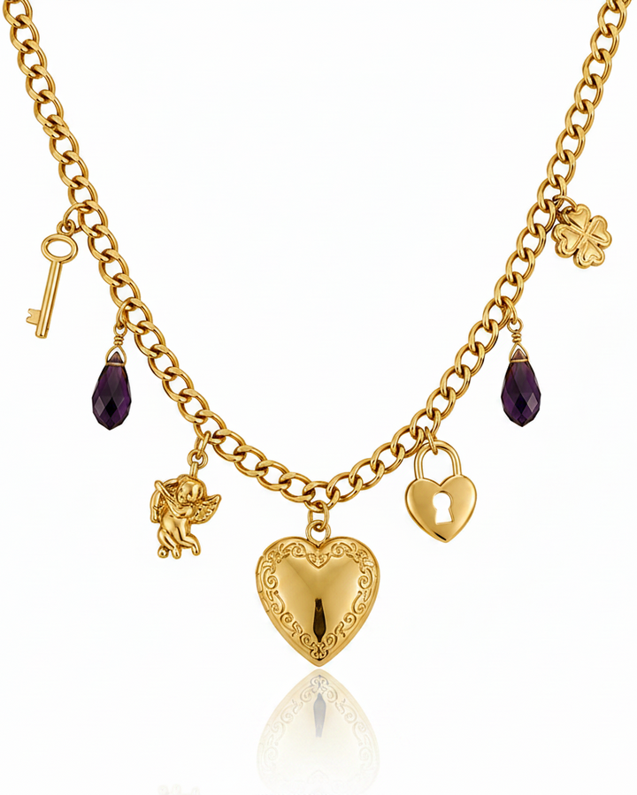 Gold plated waterproof purple crystal heart locket pendant necklace by Elli Jewellery
