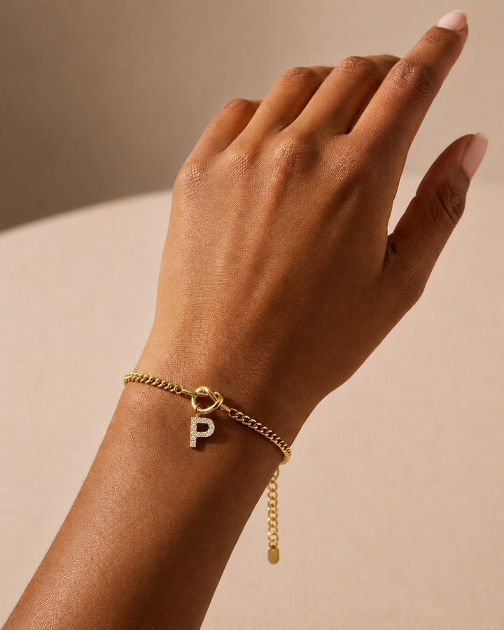Gold Plated Waterproof Diamante Initial 'P' Tennis Bracelet (11791)
