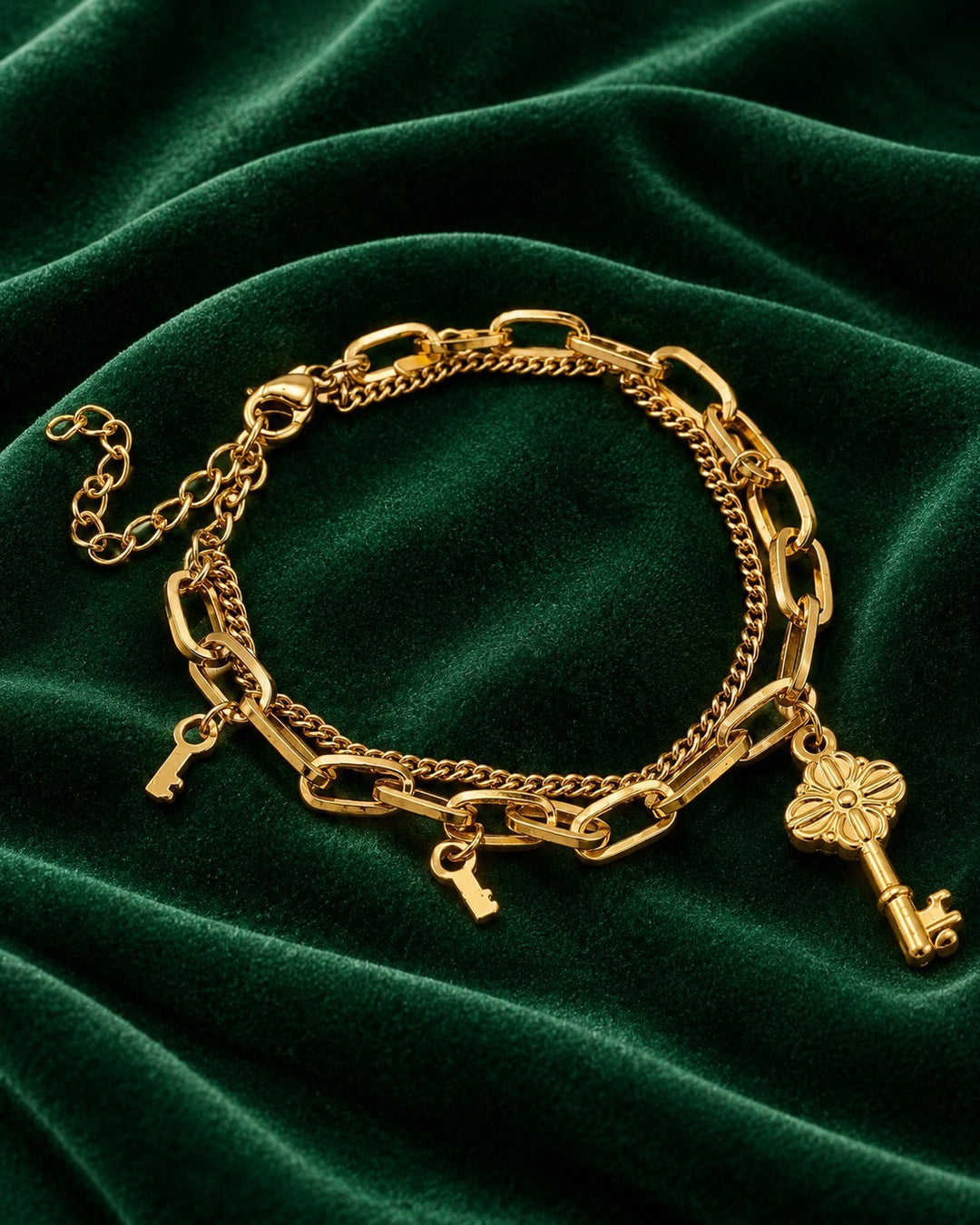 Gold Plated Waterproof Vintage Key Layered Chain Bracelet (10287)