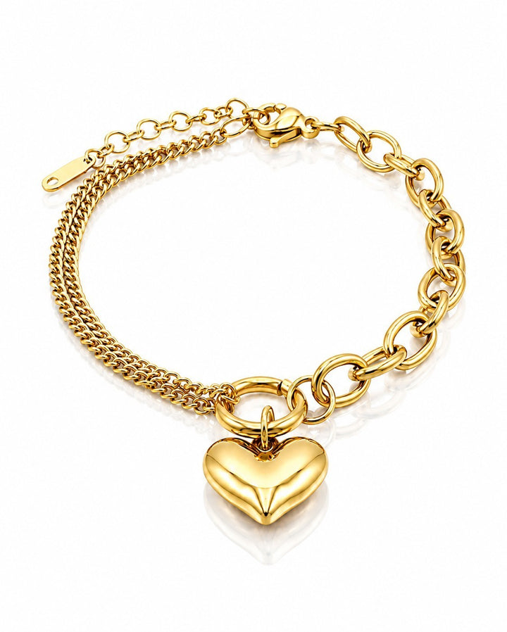 Gold Plated Waterproof Paperclip Chain Heart Charm Bracelet (10996)