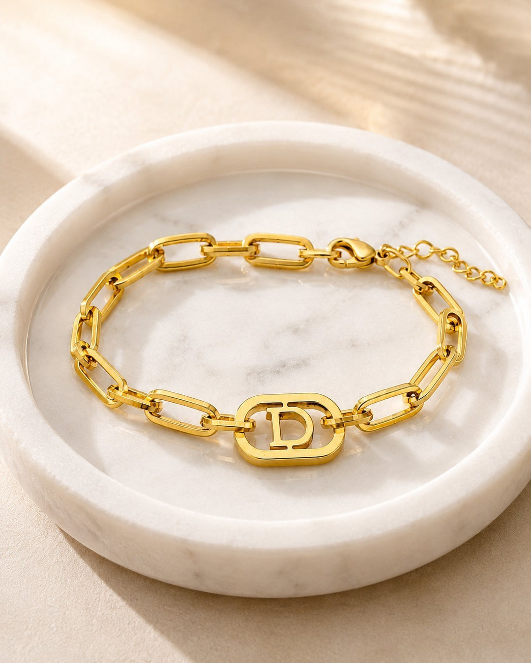 Gold Plated Waterproof Paperclip Chain Initial 'D' Letter Bracelet (11063)