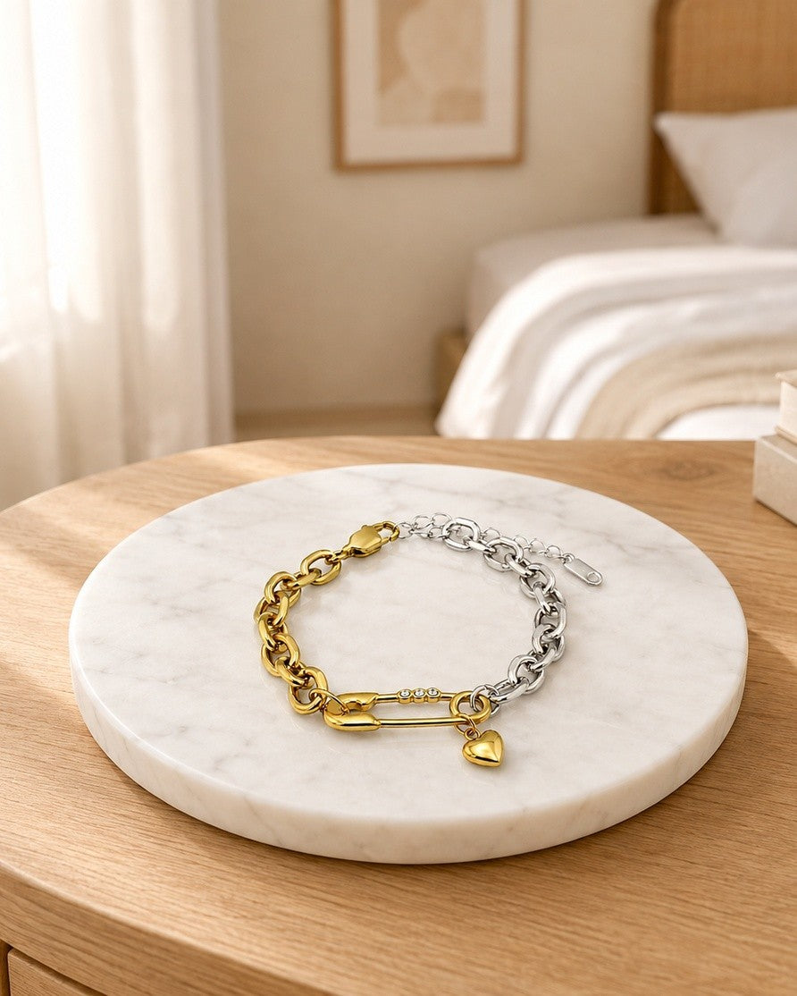 Gold Plated Two-Tone Safety Pin Chain Bracelet (11466)