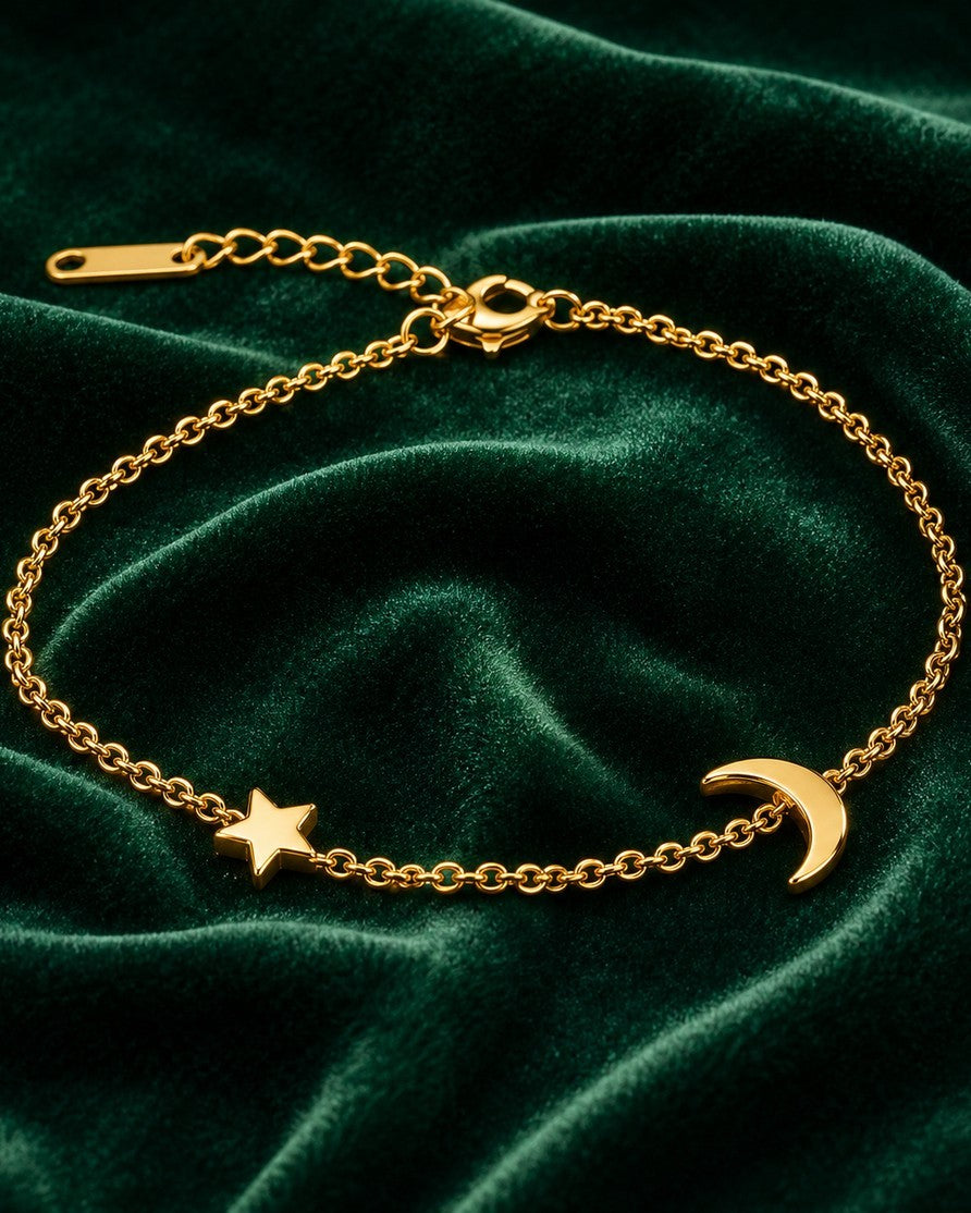 Gold Plated Waterproof Celestial Moon & Star Charm Bracelet (200013)