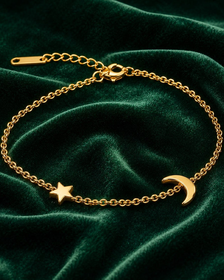 Gold Plated Waterproof Celestial Moon & Star Charm Bracelet (200013)