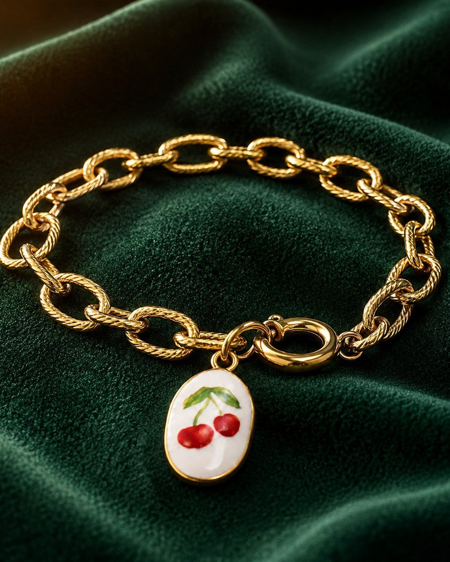 Gold Plated Waterproof Cherry Charm Bracelet (11444)