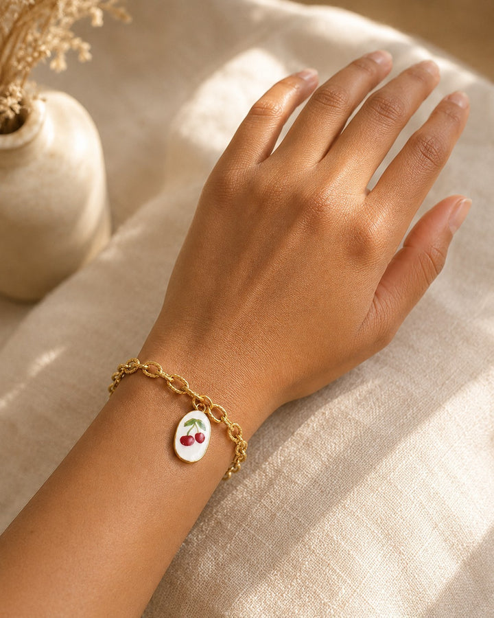 Gold Plated Waterproof Cherry Charm Bracelet (11444)