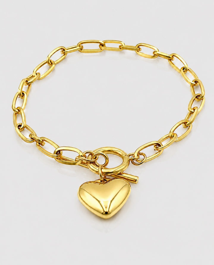 Gold Plated Waterproof T-Bar Heart Charm Link Bracelet (10989)