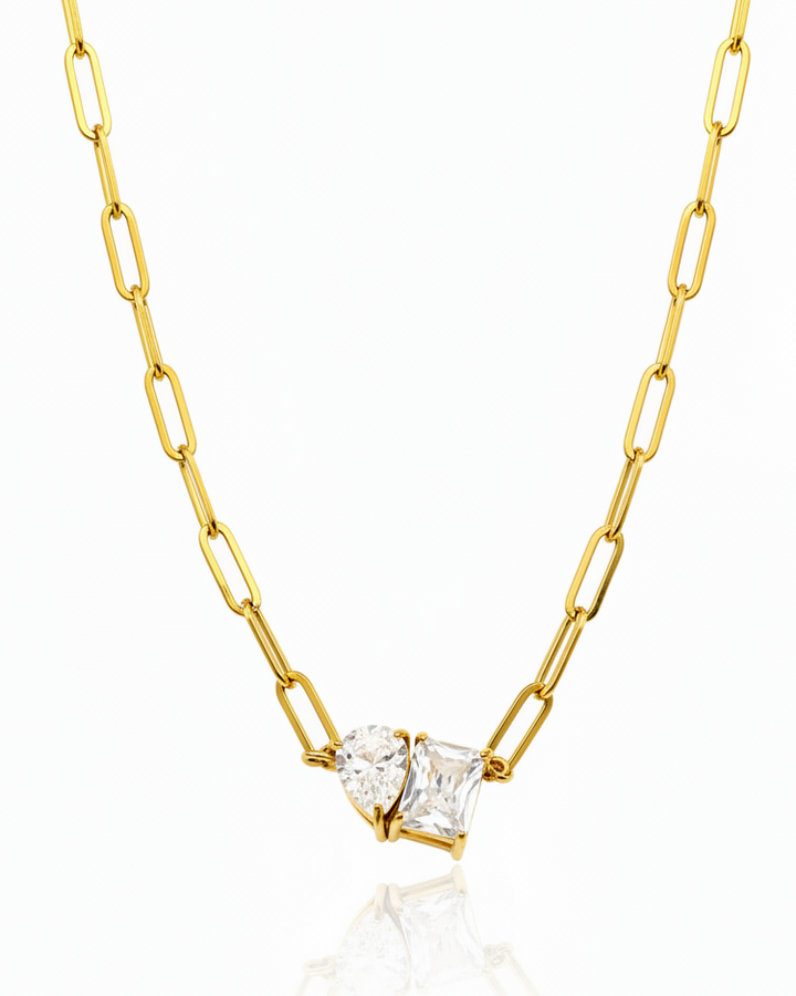 Gold Plated Waterproof Rectangle Crystal Pendant Paper Clip Chain Necklace - 46 cm  (11553)