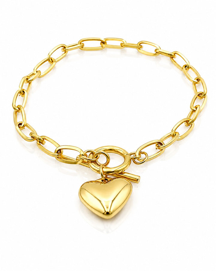 Gold Plated Waterproof T-Bar Heart Charm Link Bracelet (10989)