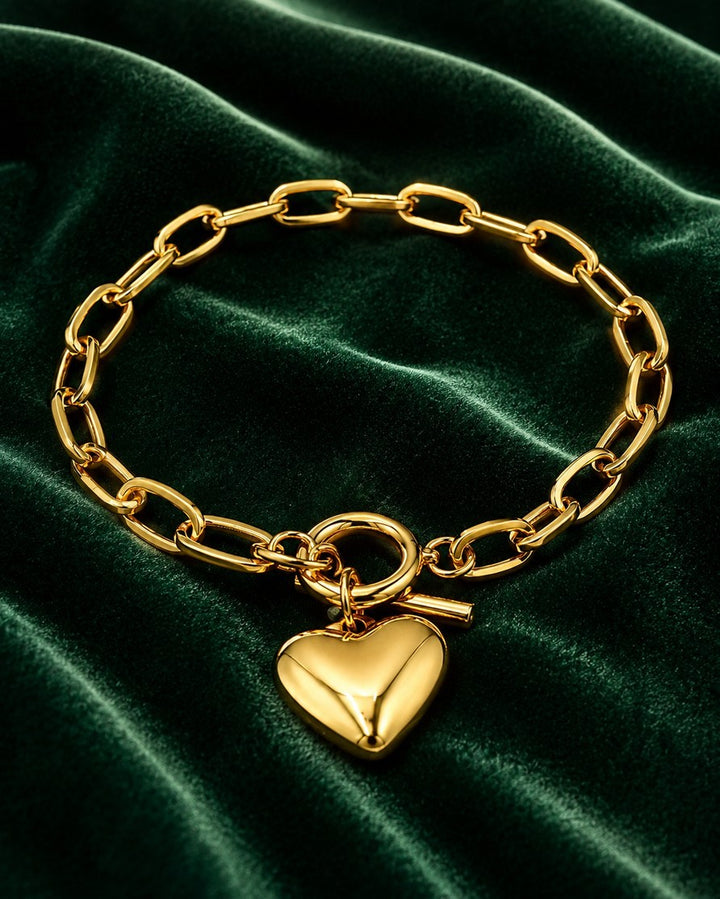 Gold Plated Waterproof T-Bar Heart Charm Link Bracelet (10989)