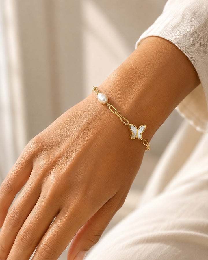 Gold Plated Pearl Butterfly Charm Bracelet (10258)
