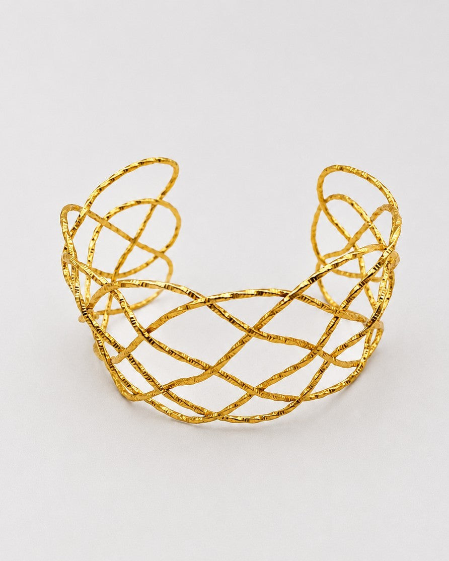 Gold Toned Geometric Fence Pattern Chunky Statement Bangle (11462)
