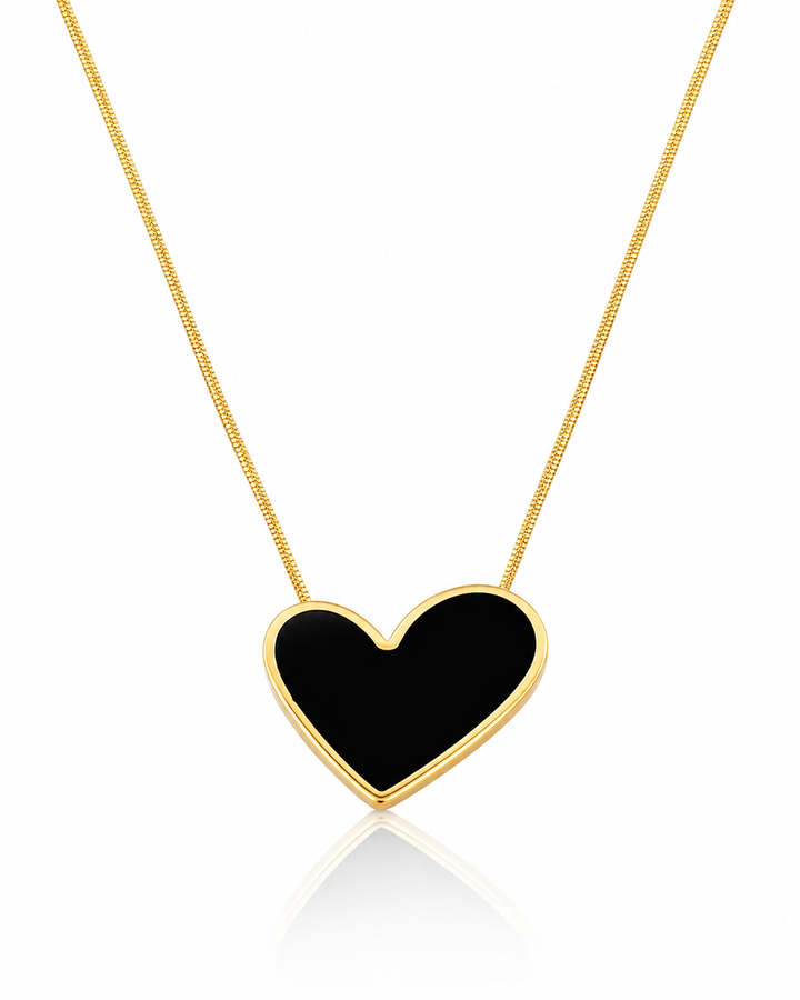 Gold Plated Waterproof Black Enamel Heart Pendant Necklace - 45.3 cm  (10362)