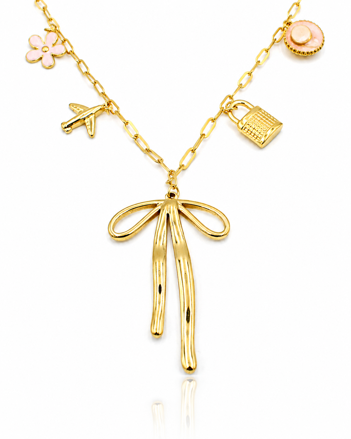 Gold Plated Waterproof Ribbon Bow Pendant Necklace - 45 cm  (11424)