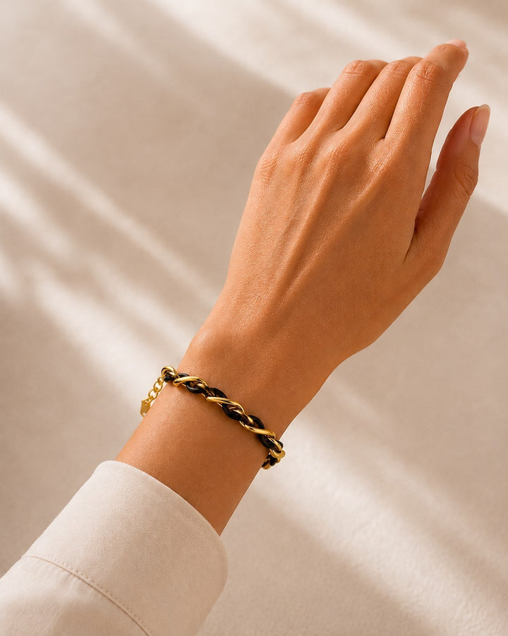 Gold Plated Black Braided Leather Link Bracelet (10688)
