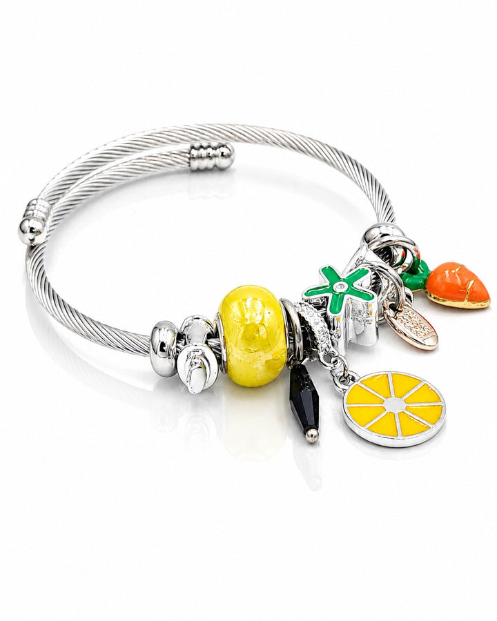 Silver Plated Heart Charm Cable Bangle Bracelet (10270)
