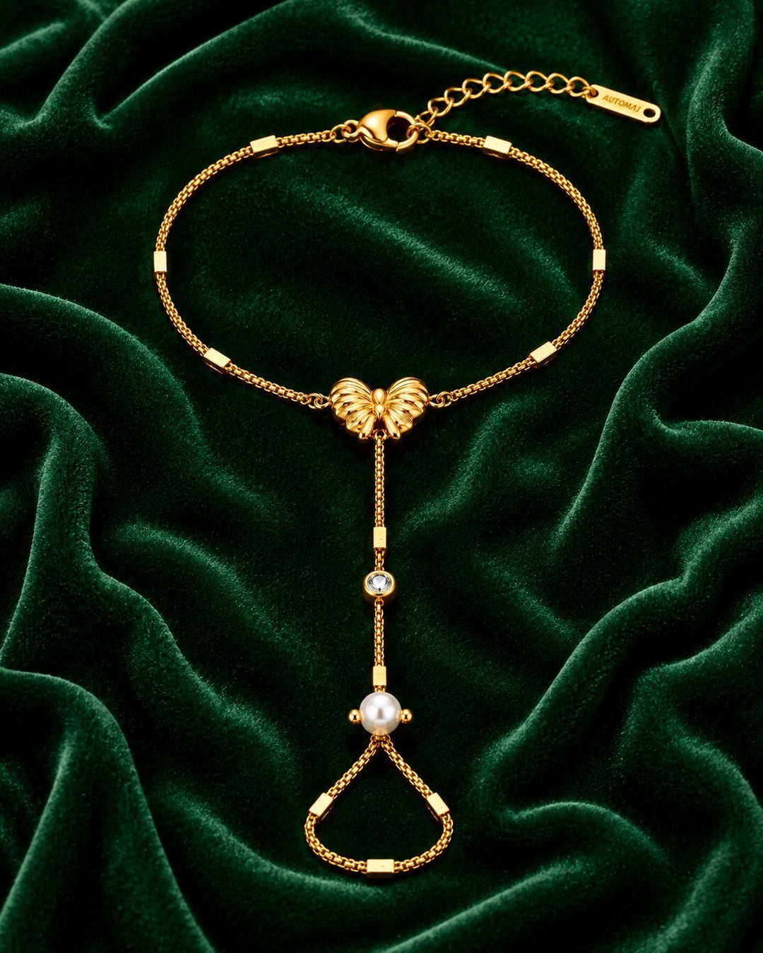 Gold Plated Hand Chain Bracelet with Attached Ring (11837)