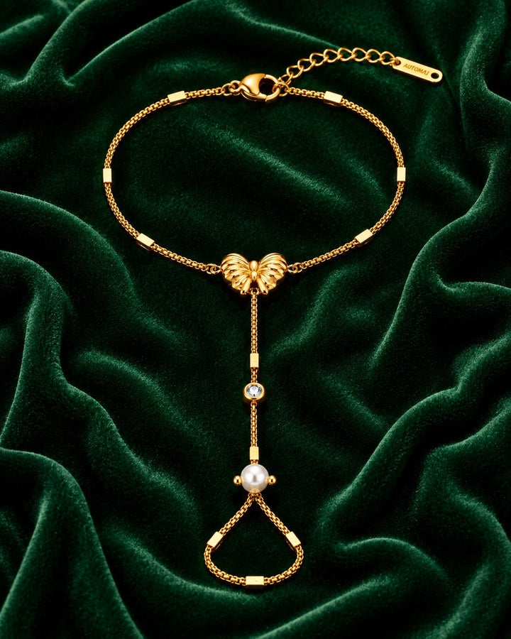 Gold Plated Hand Chain Bracelet with Attached Ring (11837)