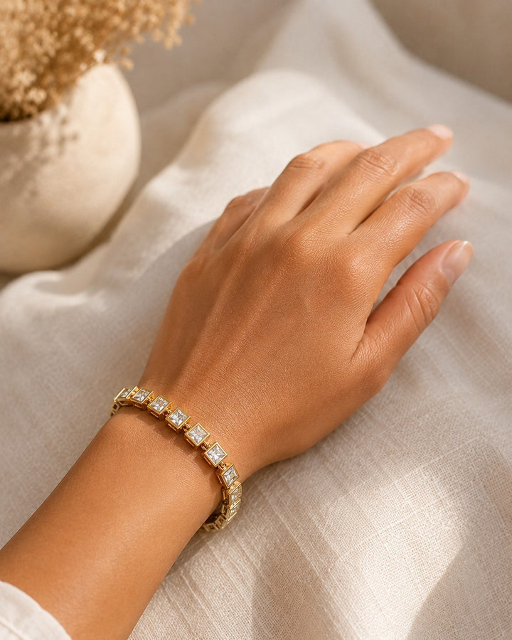 Gold Plated Waterproof Cubic Zirconia Tennis Bracelet (11443)